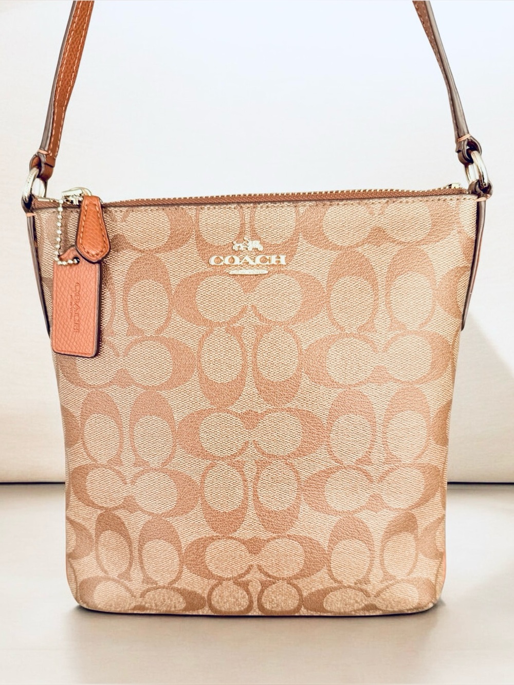 Coach Signature Crossbody in Light Tan and Saddle
